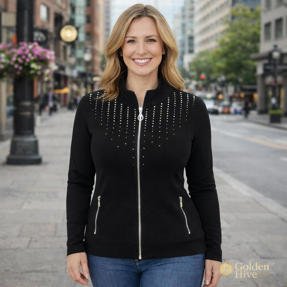Christine Alexander Rhinestone Zip Jacket Black Stretch Blazer Size Medium